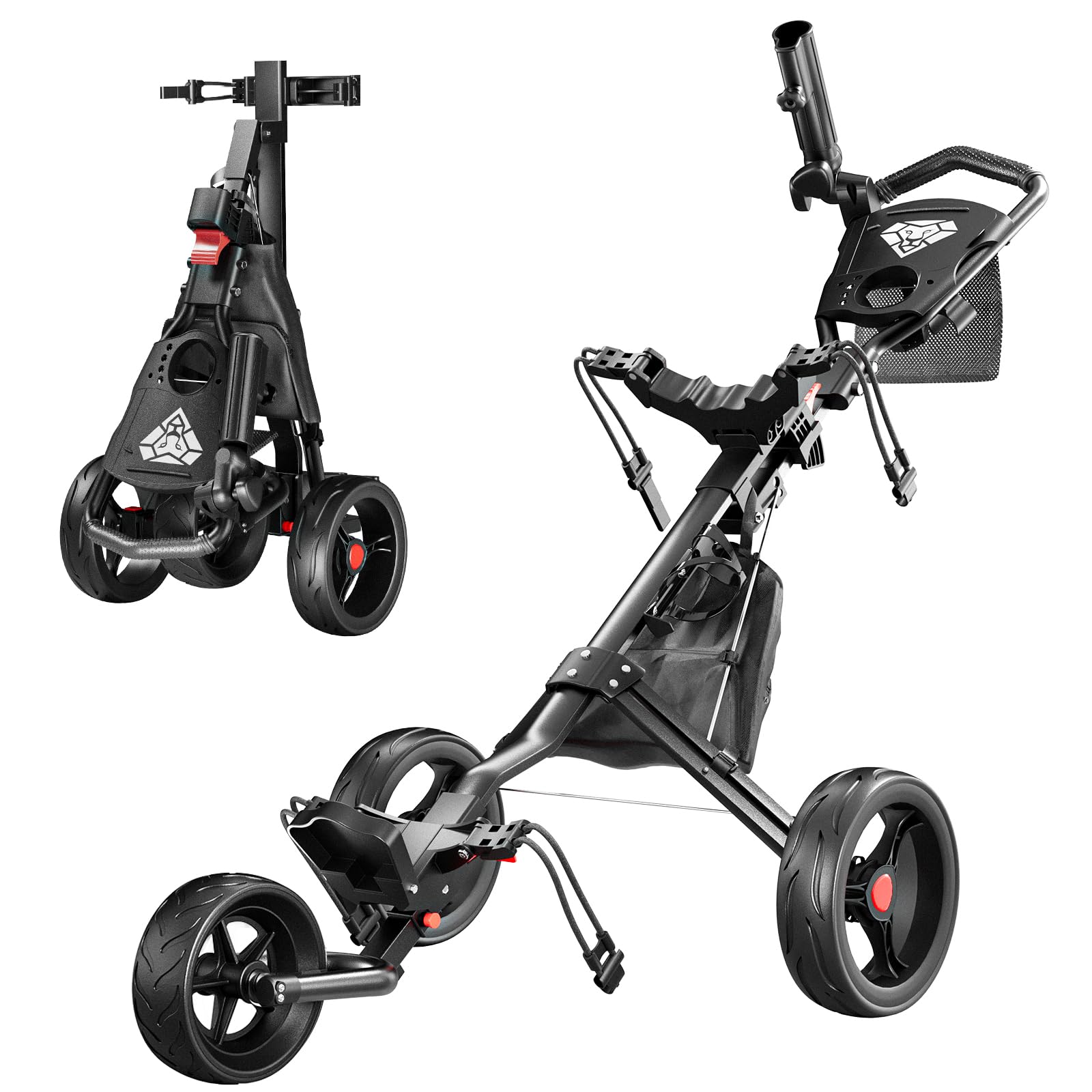 Alllion Golf Push Cart 3 Wheel - Lightweight & Easy Fold Design for Easy Transportation - Multiple Functions Golf Bag Cart for All Ages